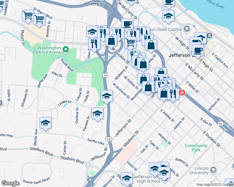 map of restaurants, bars, coffee shops, grocery stores, and more near 908 Broadway in Jefferson City