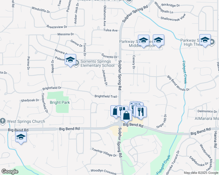 map of restaurants, bars, coffee shops, grocery stores, and more near 1067 Johanna Drive in Ballwin