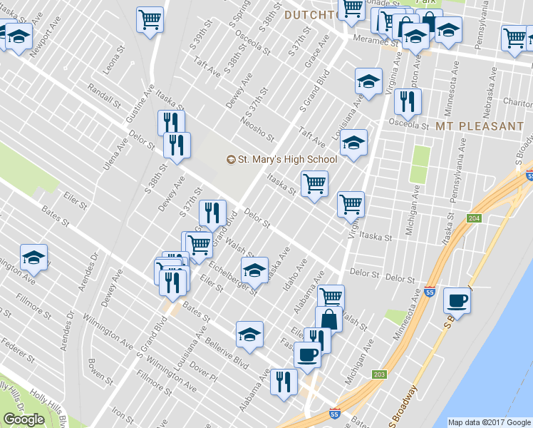 map of restaurants, bars, coffee shops, grocery stores, and more near 4756 Tennessee Avenue in St. Louis