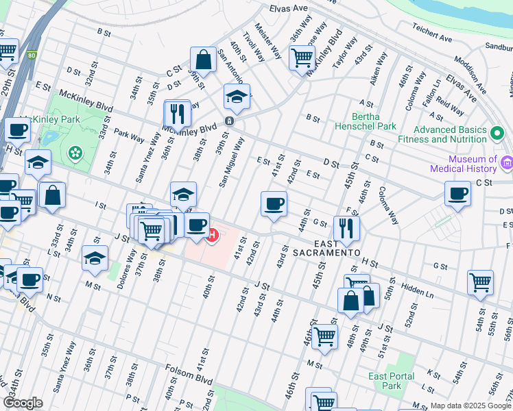 map of restaurants, bars, coffee shops, grocery stores, and more near 675 40th Street in Sacramento