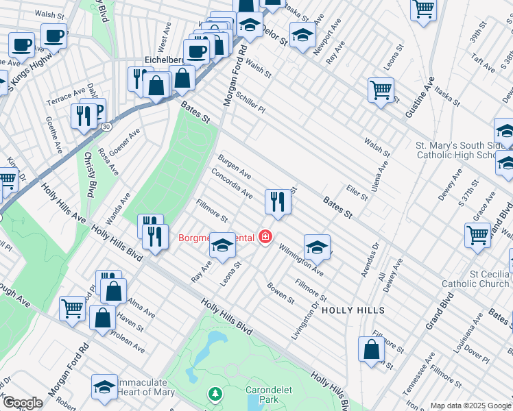 map of restaurants, bars, coffee shops, grocery stores, and more near 4082 Concordia Avenue in St. Louis