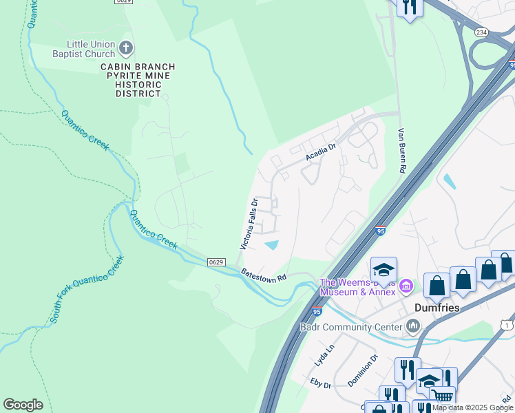 map of restaurants, bars, coffee shops, grocery stores, and more near 4332 Golden Gate Way in Dumfries
