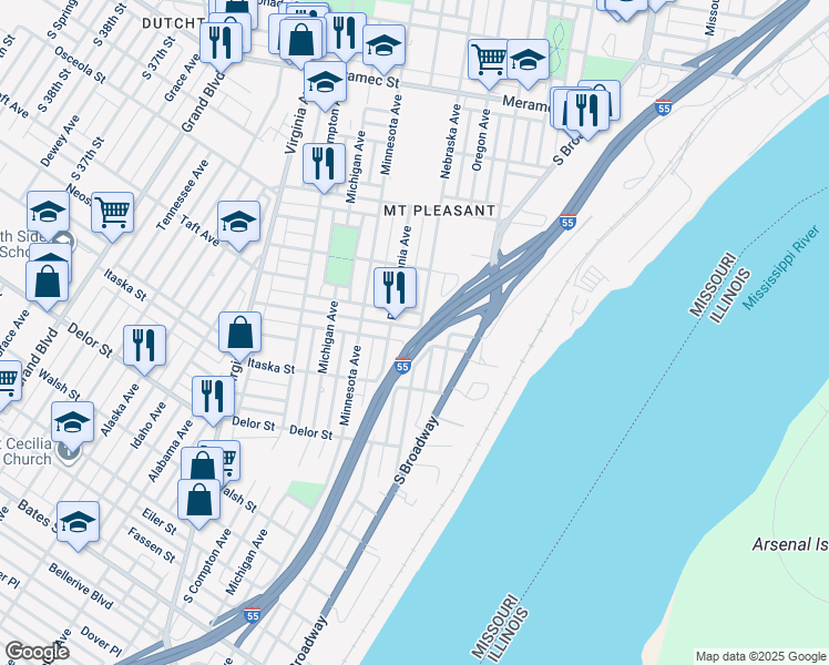 map of restaurants, bars, coffee shops, grocery stores, and more near 2900 Mount Pleasant Street in St. Louis