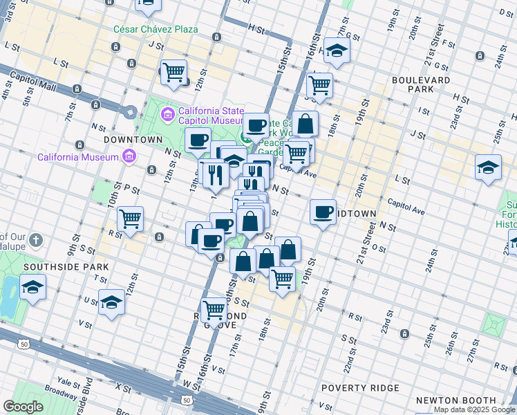 map of restaurants, bars, coffee shops, grocery stores, and more near 2818 O Street in Sacramento