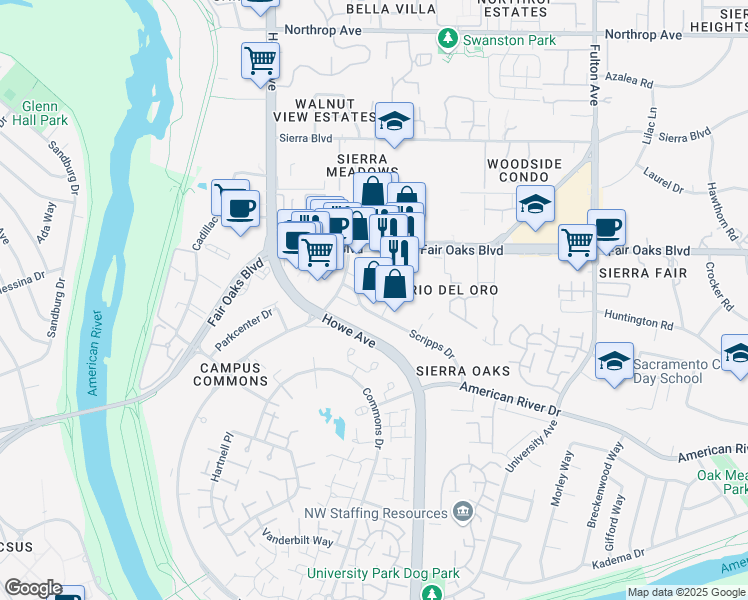 map of restaurants, bars, coffee shops, grocery stores, and more near 75 Scripps Drive in Sacramento
