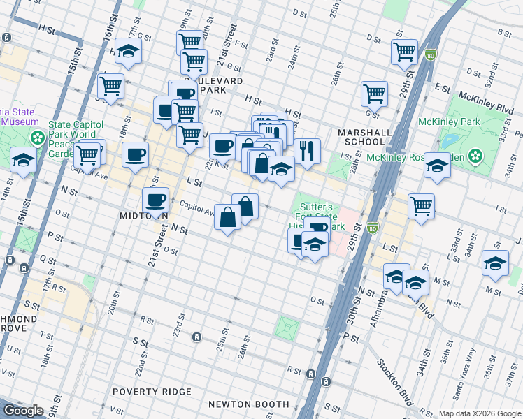 map of restaurants, bars, coffee shops, grocery stores, and more near 2424 L Street in Sacramento