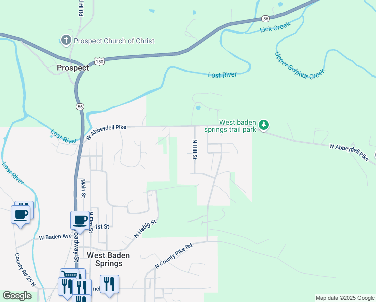 map of restaurants, bars, coffee shops, grocery stores, and more near 7818 West Birch Street in West Baden Springs