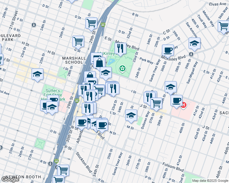 map of restaurants, bars, coffee shops, grocery stores, and more near 940 33rd Street in Sacramento