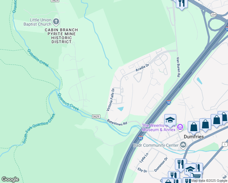 map of restaurants, bars, coffee shops, grocery stores, and more near 4332 Golden Gate Way in Dumfries