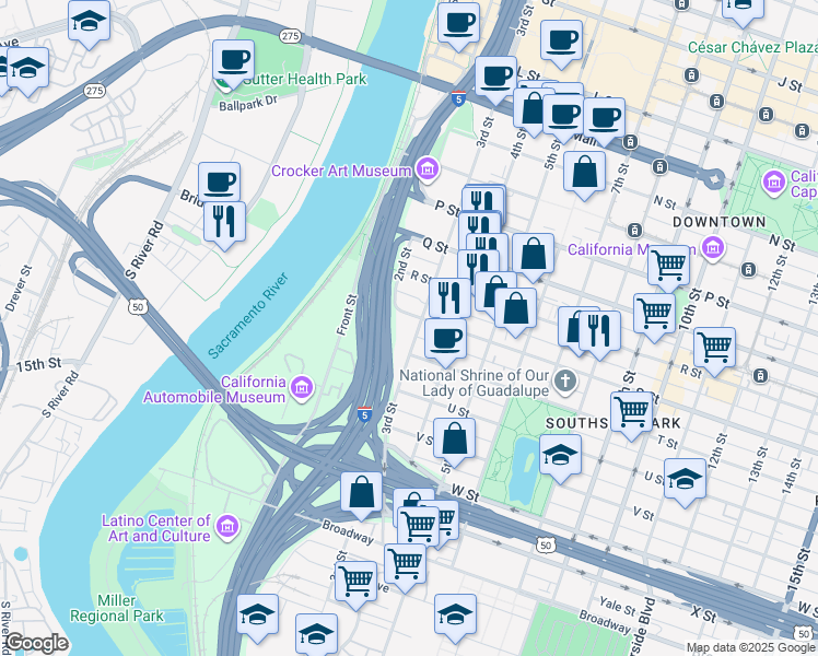 map of restaurants, bars, coffee shops, grocery stores, and more near 220 S Street in Sacramento