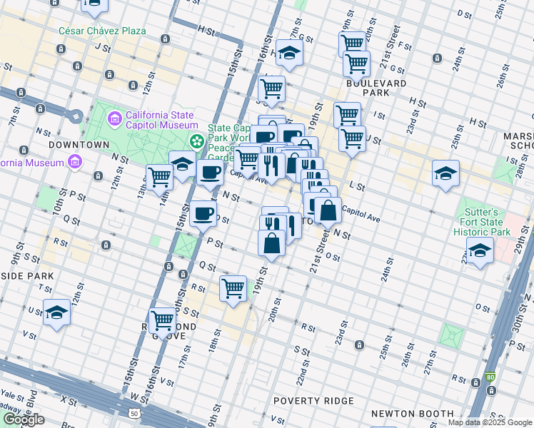 map of restaurants, bars, coffee shops, grocery stores, and more near 1808 N Street in Sacramento