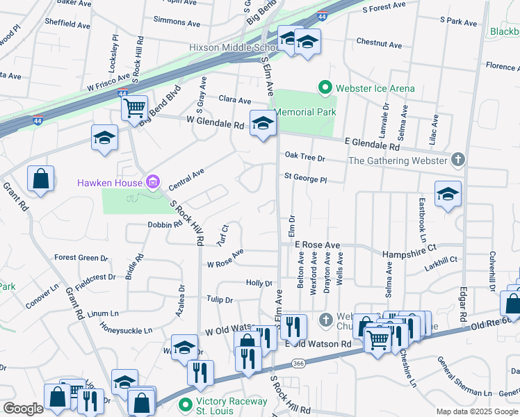 map of restaurants, bars, coffee shops, grocery stores, and more near 26 Webster Oaks Drive in Webster Groves