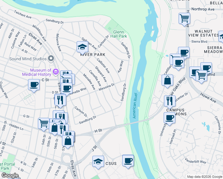 map of restaurants, bars, coffee shops, grocery stores, and more near 5871 Shepard Avenue in Sacramento
