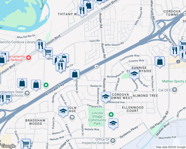map of restaurants, bars, coffee shops, grocery stores, and more near 3201 Magicwoods Court in Sacramento
