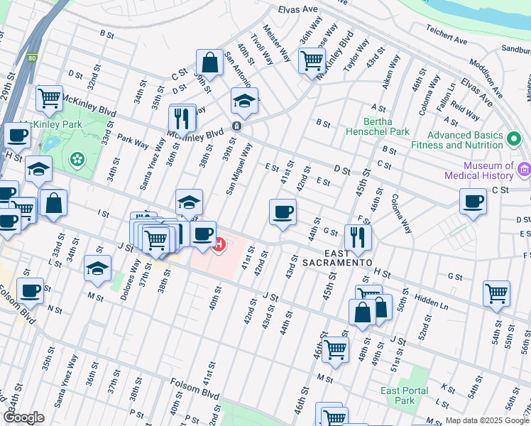 map of restaurants, bars, coffee shops, grocery stores, and more near 675 40th Street in Sacramento