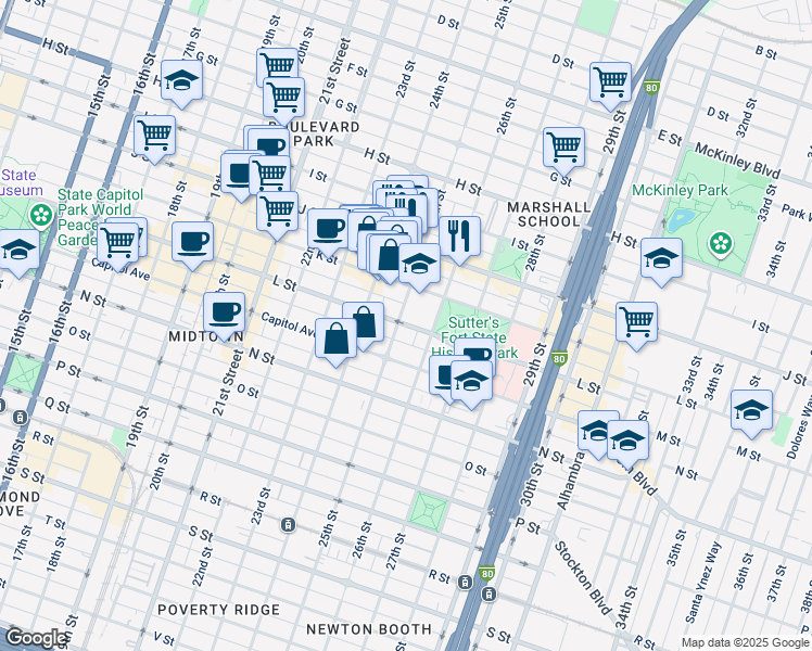 map of restaurants, bars, coffee shops, grocery stores, and more near 2430 L Street in Sacramento