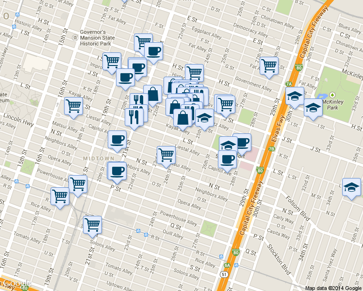 map of restaurants, bars, coffee shops, grocery stores, and more near 1216 24th Street in Sacramento