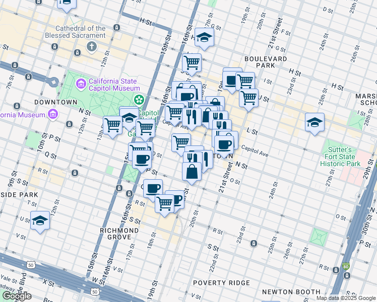 map of restaurants, bars, coffee shops, grocery stores, and more near 1830 N Street in Sacramento