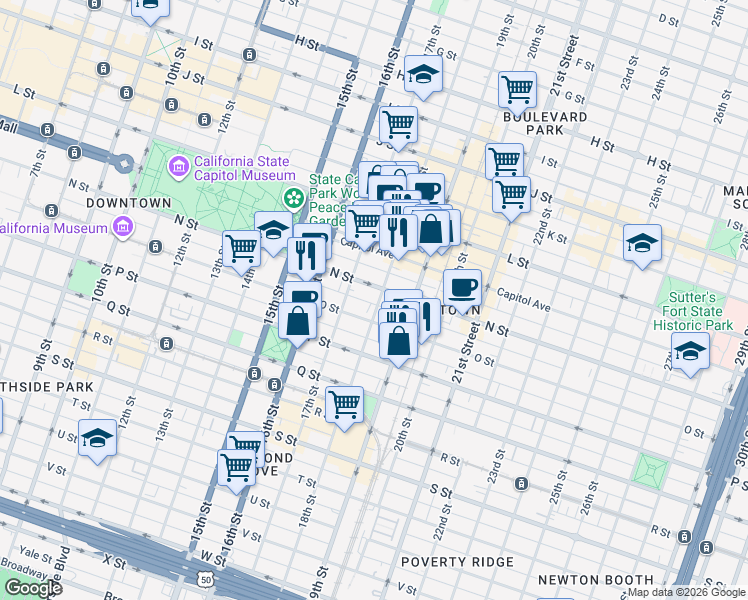 map of restaurants, bars, coffee shops, grocery stores, and more near 1414 18th Street in Sacramento