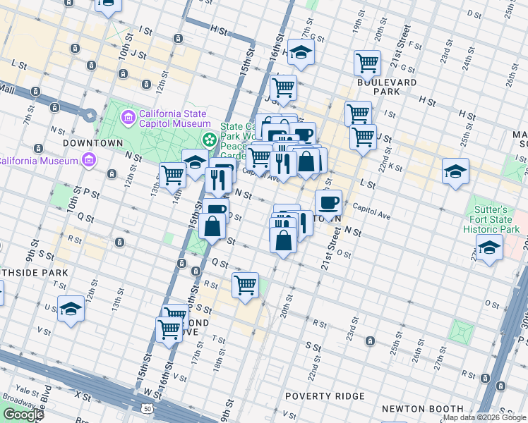 map of restaurants, bars, coffee shops, grocery stores, and more near 1414 18th Street in Sacramento