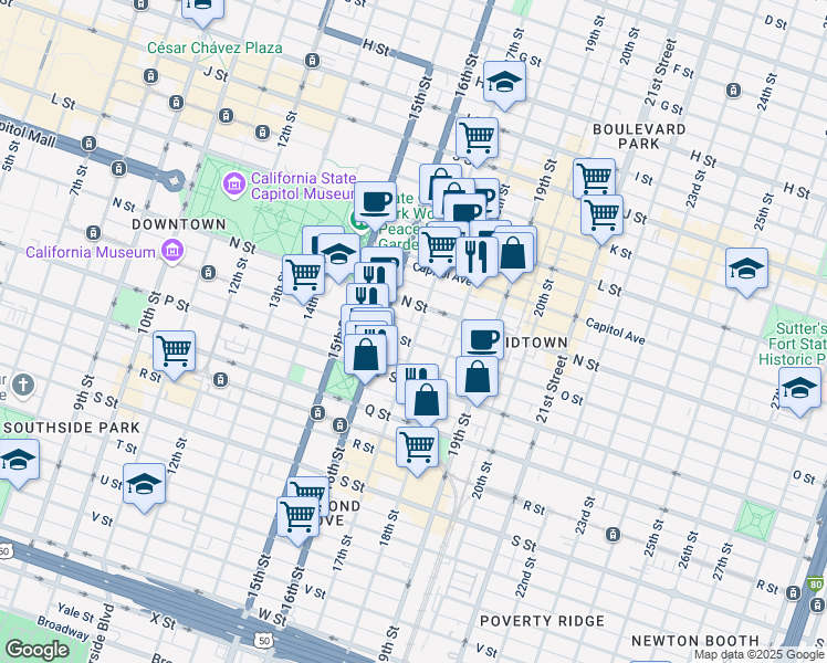map of restaurants, bars, coffee shops, grocery stores, and more near 1629 O Street in Sacramento