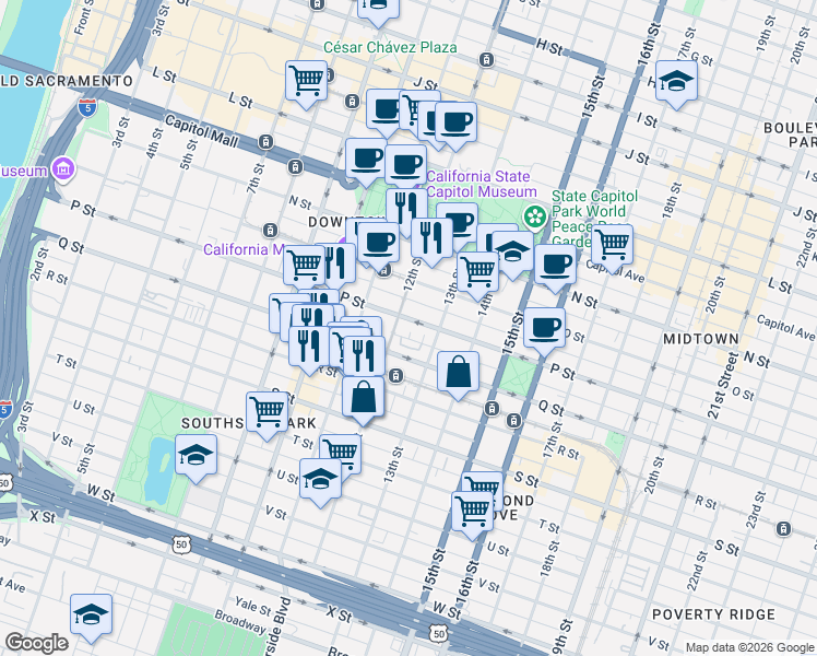 map of restaurants, bars, coffee shops, grocery stores, and more near 1610 12th Street in Sacramento