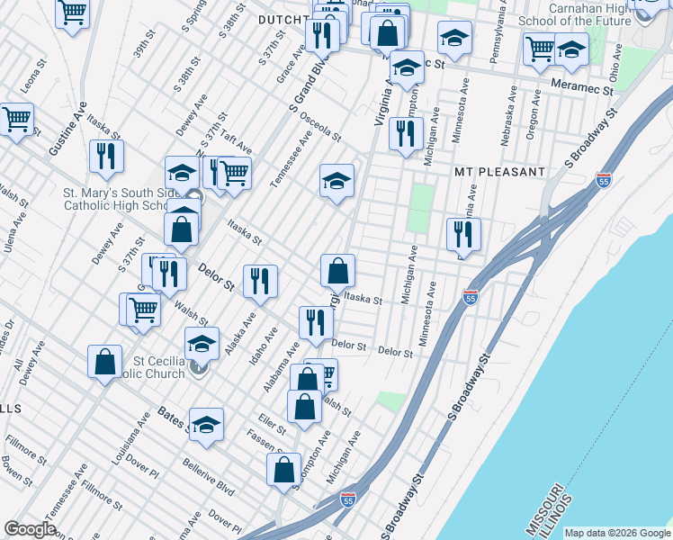 map of restaurants, bars, coffee shops, grocery stores, and more near 4676 Idaho Avenue in St. Louis
