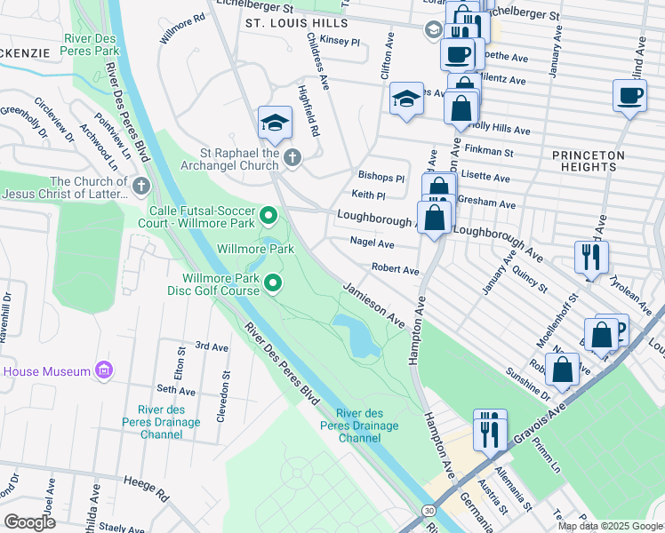 map of restaurants, bars, coffee shops, grocery stores, and more near 7028 Jamieson Avenue in St. Louis
