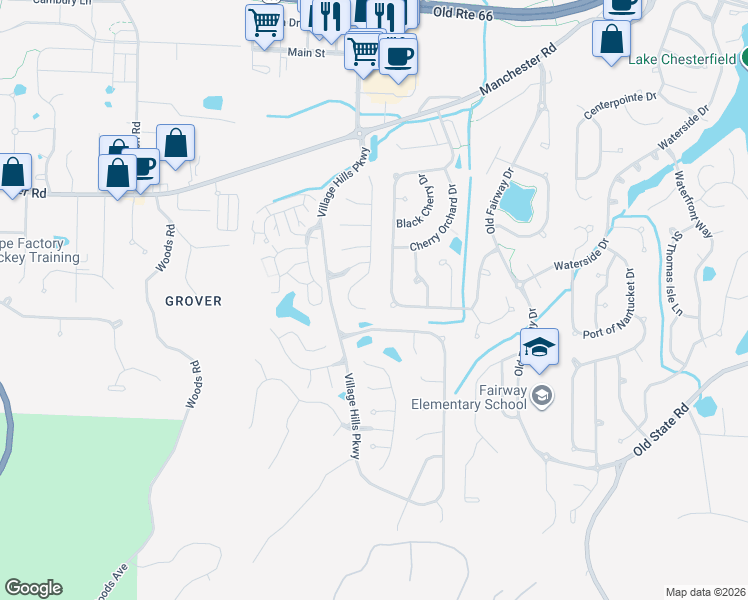 map of restaurants, bars, coffee shops, grocery stores, and more near 388 Oak Park Village Drive in Wildwood