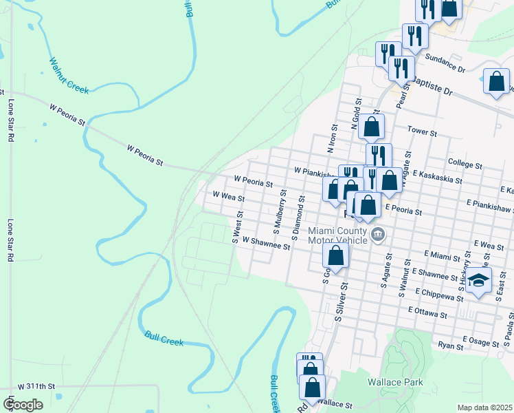 map of restaurants, bars, coffee shops, grocery stores, and more near 601 West Wea Street in Paola