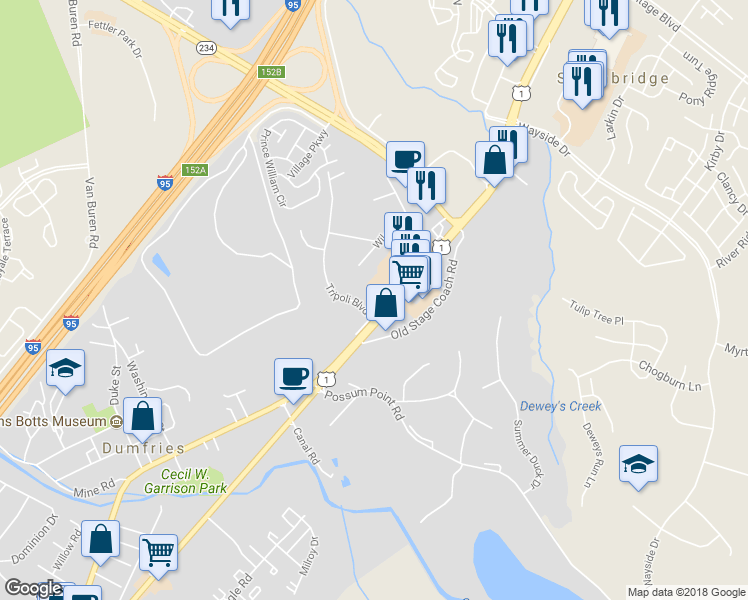 map of restaurants, bars, coffee shops, grocery stores, and more near 17505 Tripoli Boulevard in Dumfries