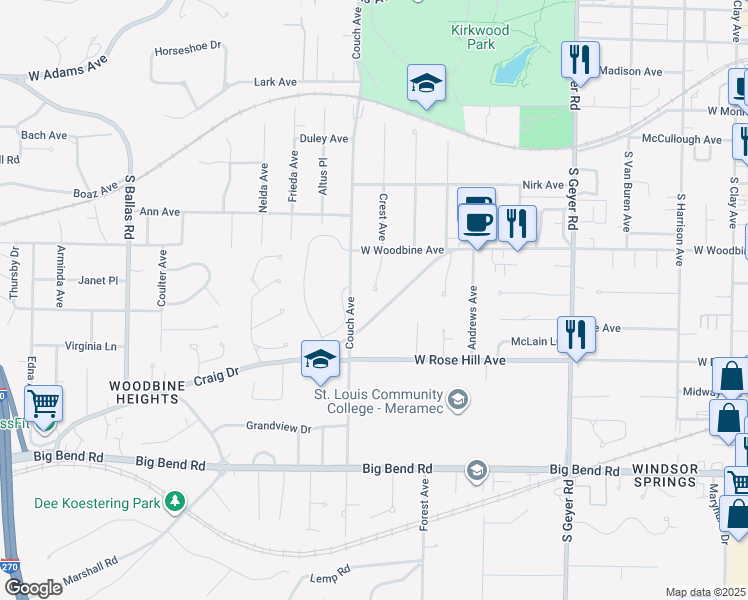 map of restaurants, bars, coffee shops, grocery stores, and more near 621 Crest Court in Kirkwood