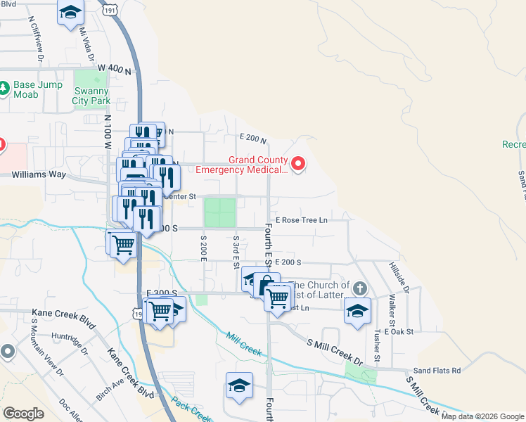 map of restaurants, bars, coffee shops, grocery stores, and more near 46 Fourth East Street in Moab