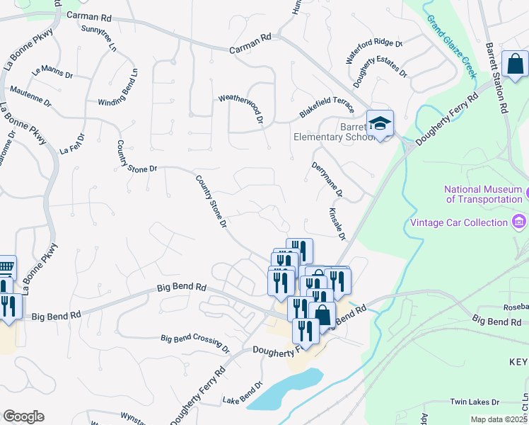 map of restaurants, bars, coffee shops, grocery stores, and more near 708 Overlook Circle Drive in Ballwin
