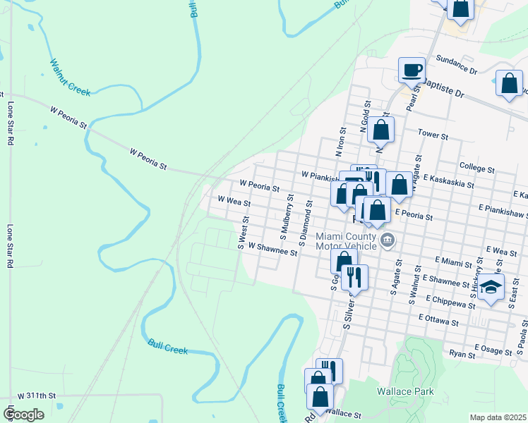 map of restaurants, bars, coffee shops, grocery stores, and more near 601 West Wea Street in Paola