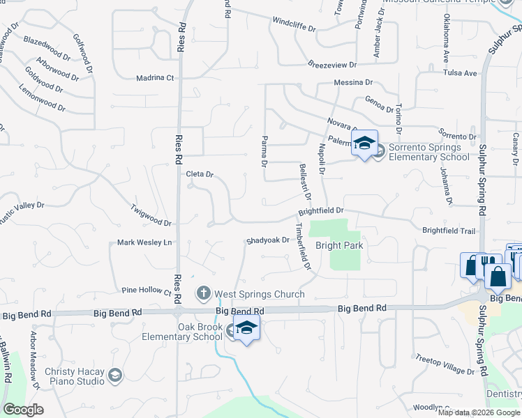 map of restaurants, bars, coffee shops, grocery stores, and more near 152 Tortuna Drive in Ballwin