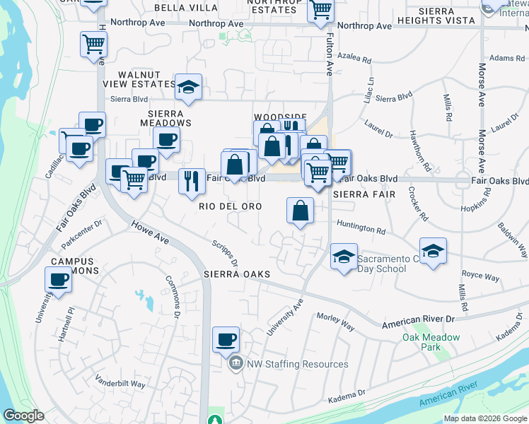 map of restaurants, bars, coffee shops, grocery stores, and more near 320 Fairgate Rd in Sacramento