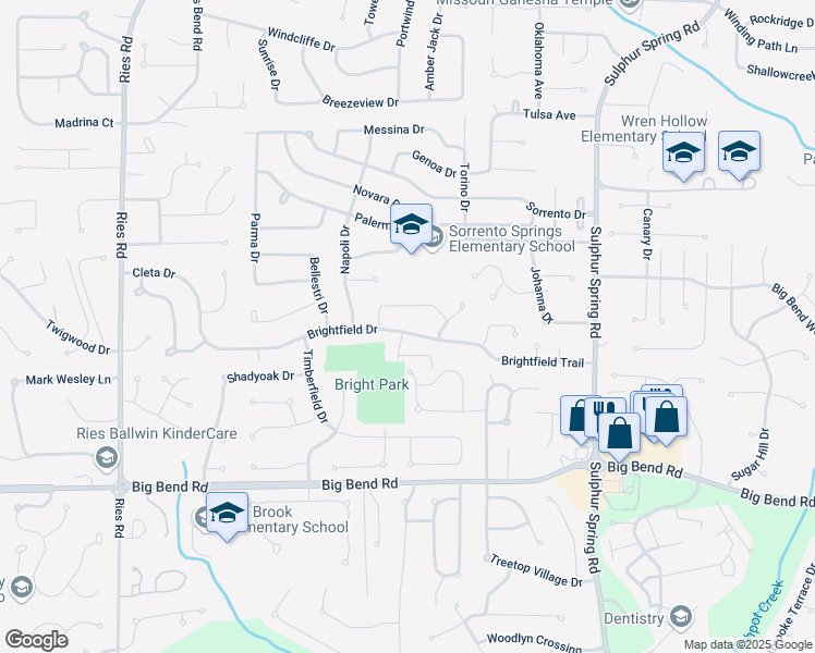 map of restaurants, bars, coffee shops, grocery stores, and more near 299 Brightfield Drive in Ballwin