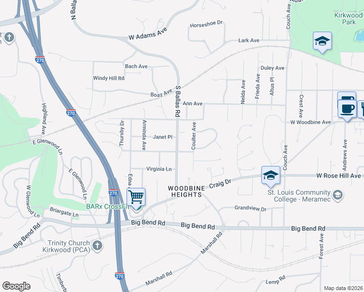 map of restaurants, bars, coffee shops, grocery stores, and more near 621 South Ballas Road in St. Louis