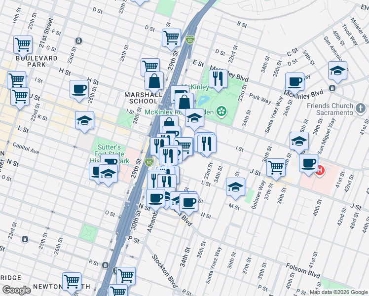 map of restaurants, bars, coffee shops, grocery stores, and more near J Street in Sacramento