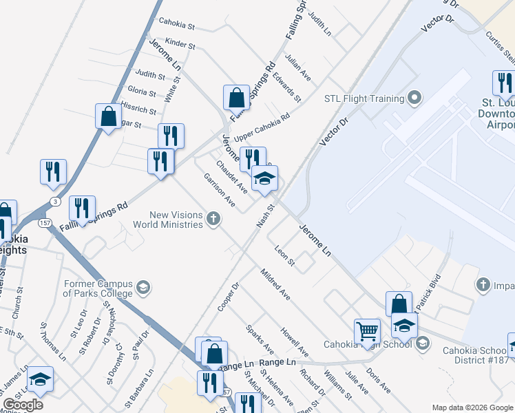 map of restaurants, bars, coffee shops, grocery stores, and more near 600 Jerome Lane in Cahokia