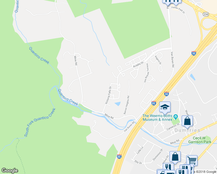 map of restaurants, bars, coffee shops, grocery stores, and more near 17544 Victoria Falls Drive in Dumfries