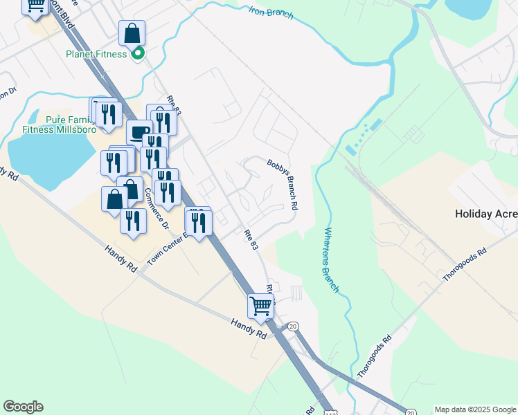 map of restaurants, bars, coffee shops, grocery stores, and more near 121 Nicoles Court in Millsboro