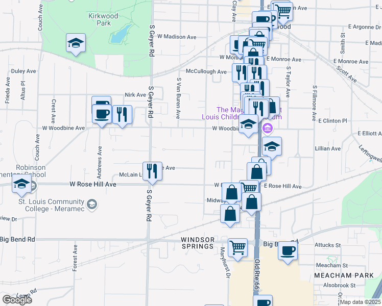 map of restaurants, bars, coffee shops, grocery stores, and more near 324 Rose Lane in St. Louis