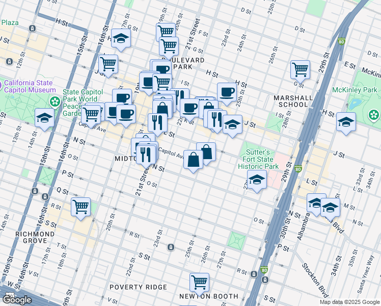 map of restaurants, bars, coffee shops, grocery stores, and more near 2223 Capitol Avenue in Sacramento