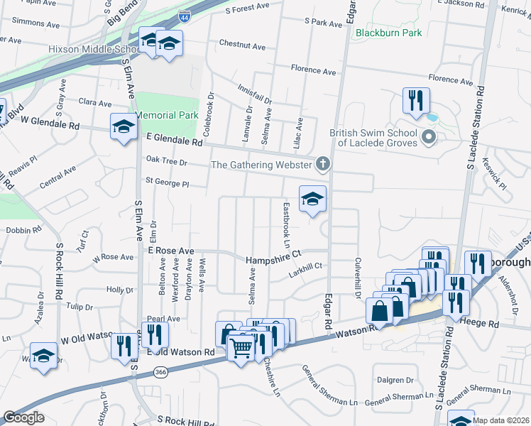 map of restaurants, bars, coffee shops, grocery stores, and more near 1125 Cheshire Lane in Webster Groves