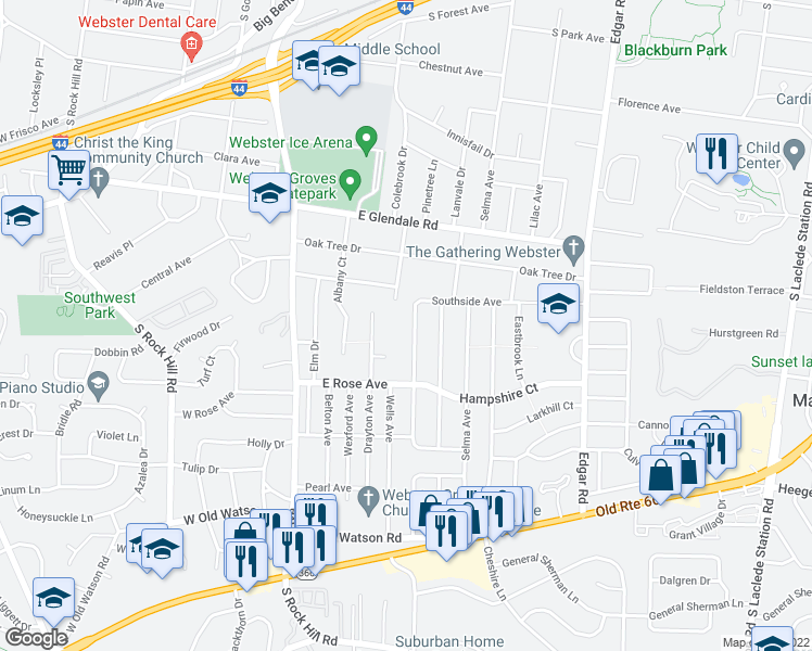 map of restaurants, bars, coffee shops, grocery stores, and more near 1122 Pinetree Lane in Webster Groves