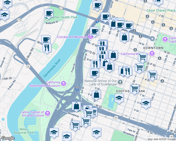 map of restaurants, bars, coffee shops, grocery stores, and more near 1900 3rd Street in Sacramento
