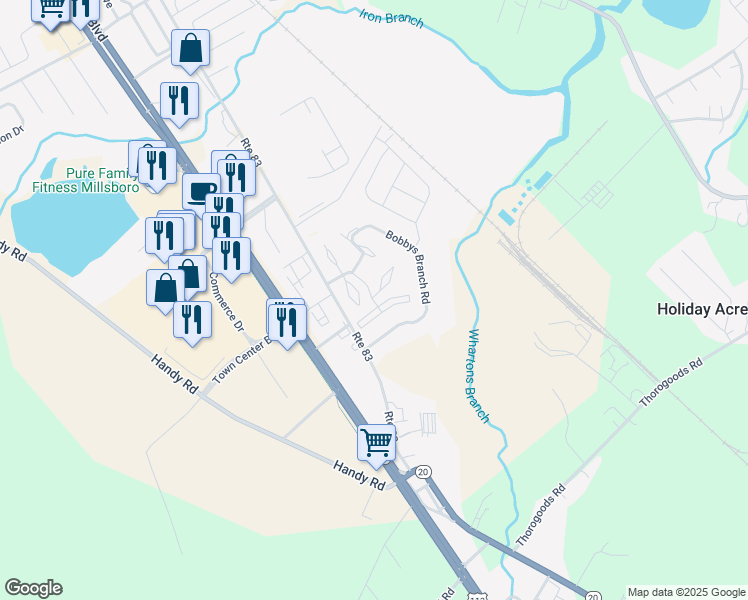 map of restaurants, bars, coffee shops, grocery stores, and more near 4301 Caitlins Way in Millsboro