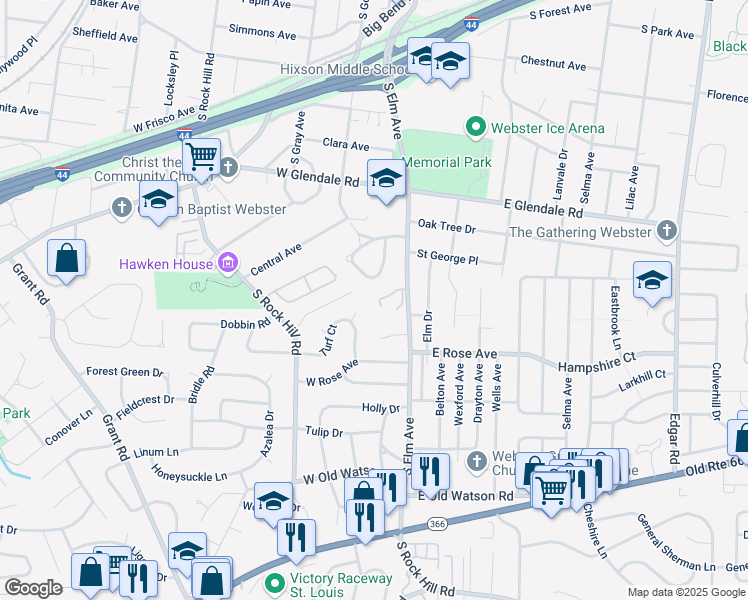 map of restaurants, bars, coffee shops, grocery stores, and more near 26 Webster Oaks Drive in Webster Groves